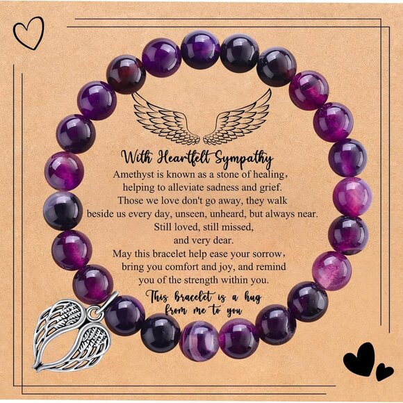 Sympathy Gift Bracelet Women Natural Stone Beads Angel Wings Grief Support - Picture 1 of 7